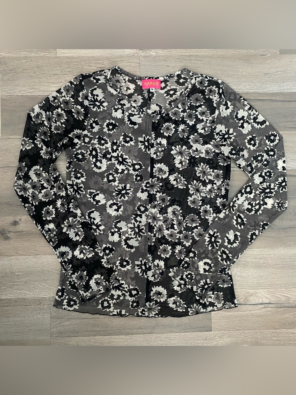 Karoo Black White Floral Mesh Sheer Long Sleeve Top Size M